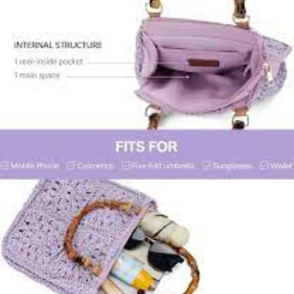 Lilac Crochet Handbag with Bamboo Handles – Boho Summer Shoulder Purse - Picture 2 of 4